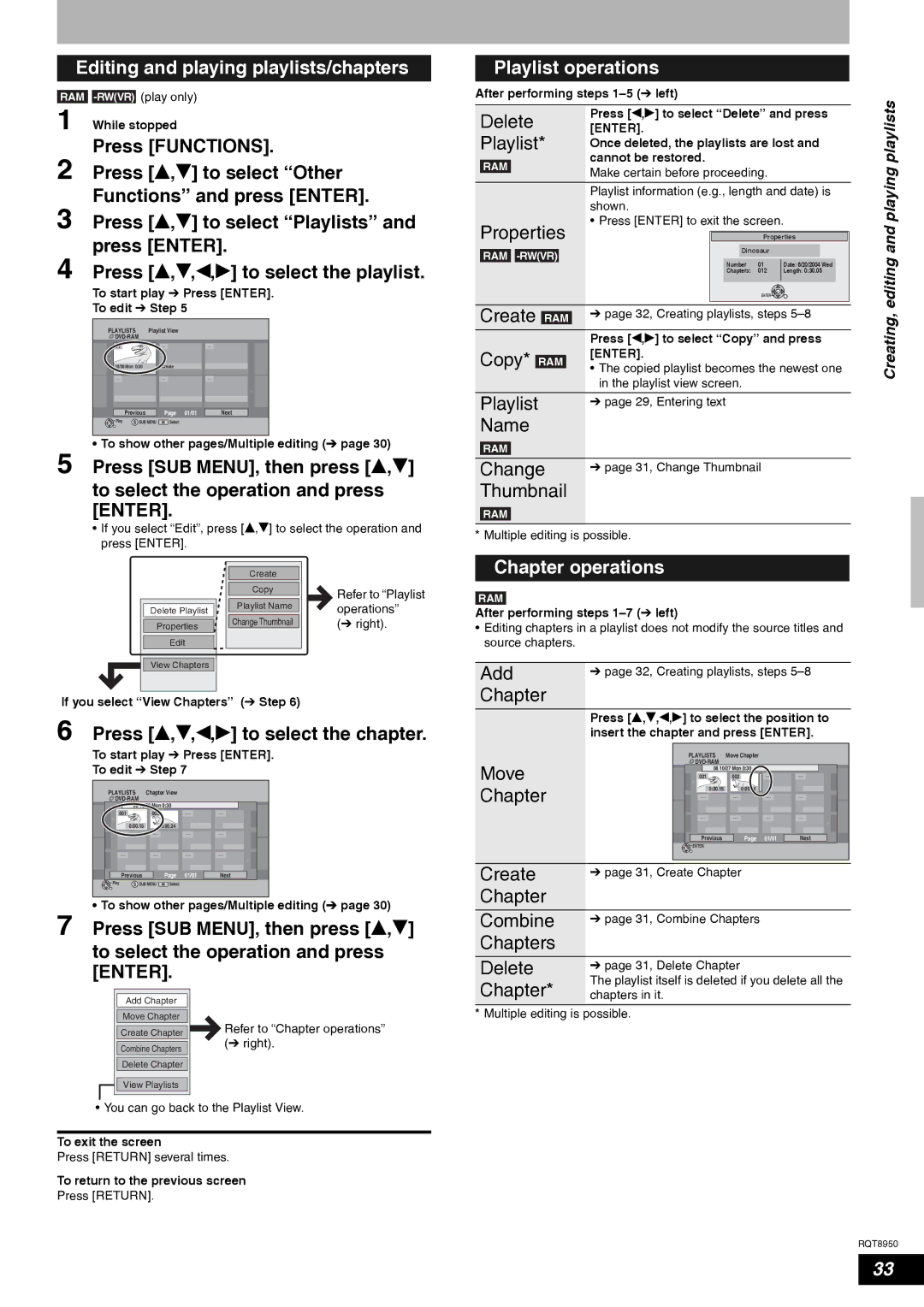 Panasonic DMR-ES16 warranty Editing and playing playlists/chapters, Playlist operations 