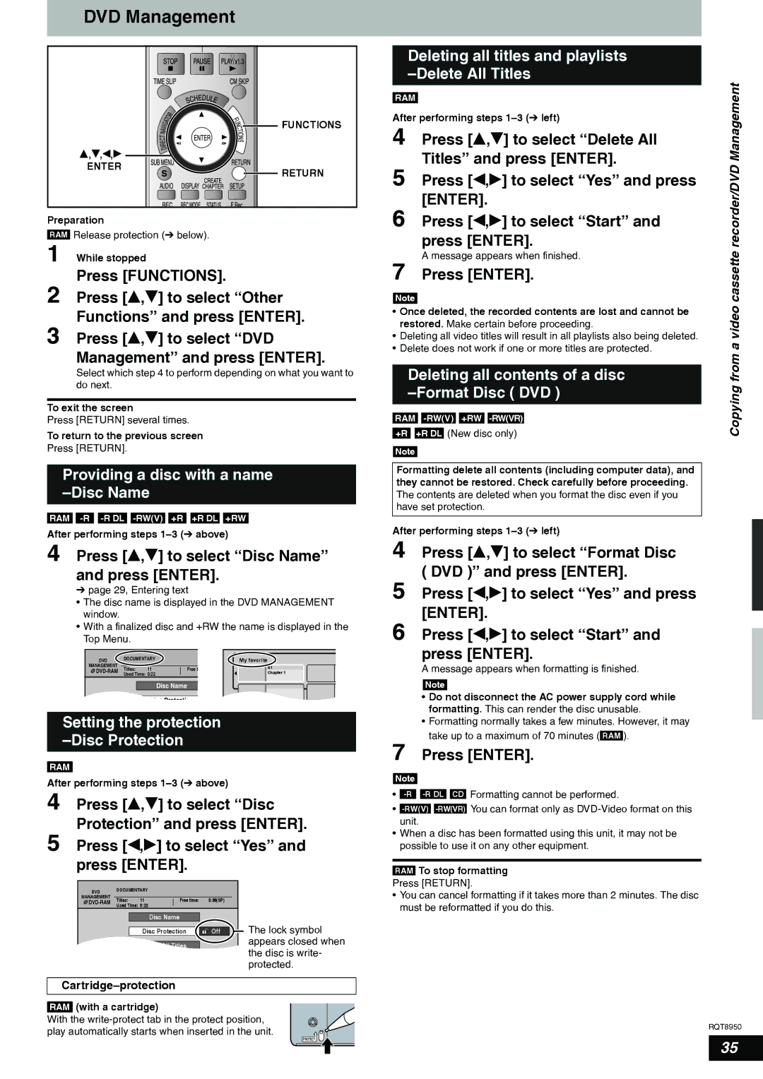 Panasonic DMR-ES16 DVD Management, Providing a disc with a name -Disc Name, Press e,r to select Disc Name and press Enter 