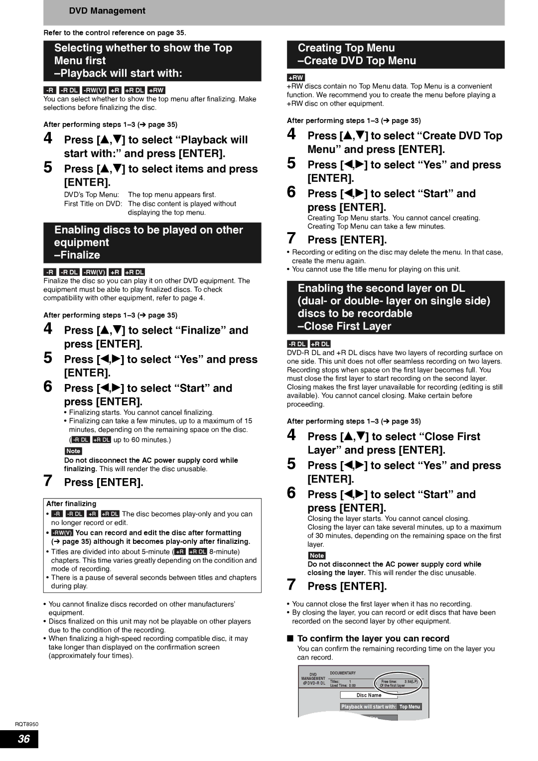 Panasonic DMR-ES16 warranty Enabling discs to be played on other equipment Finalize, Creating Top Menu Create DVD Top Menu 