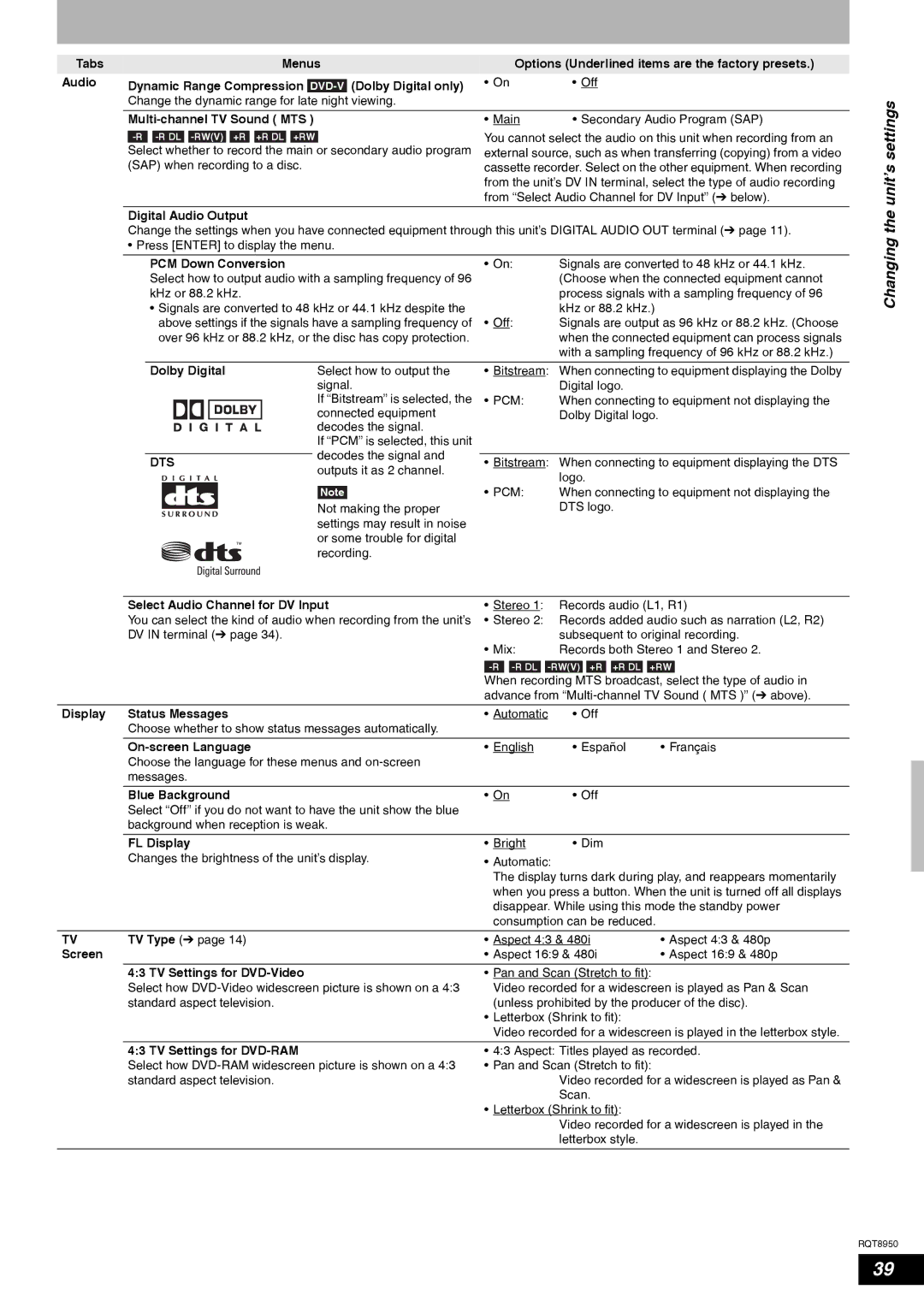 Panasonic DMR-ES16 warranty Changing the unit’s settings, Dts 