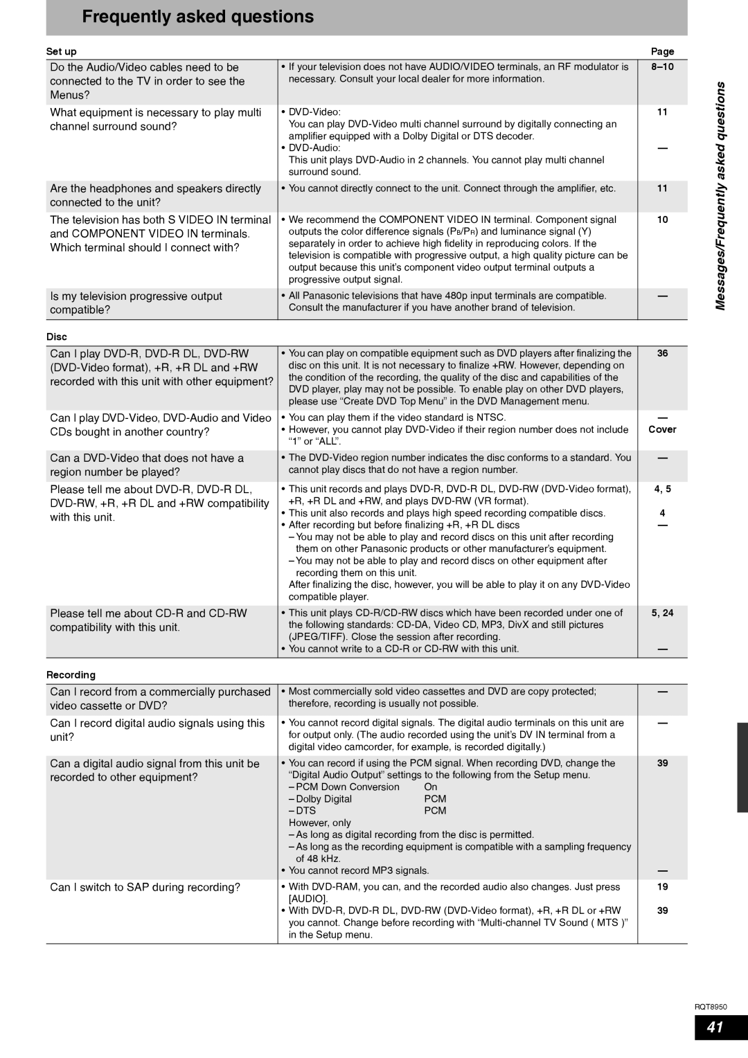 Panasonic DMR-ES16 warranty Frequently asked questions, Set up, Pcm Dts 