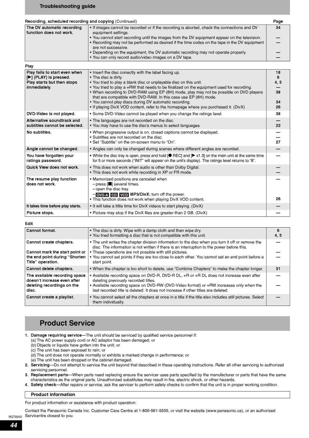 Panasonic DMR-ES16 warranty Product Service, Troubleshooting guide, Product information 