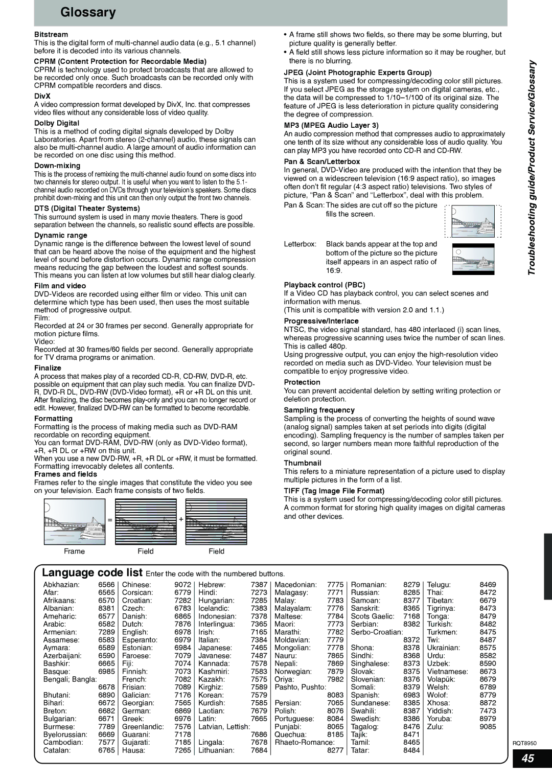 Panasonic DMR-ES16 warranty Troubleshooting guide/Product Service/Glossary 