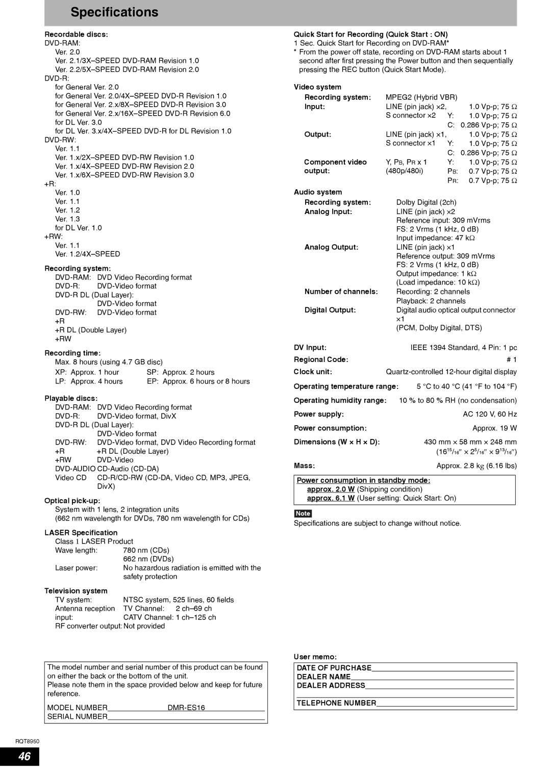 Panasonic DMR-ES16 warranty Specifications 