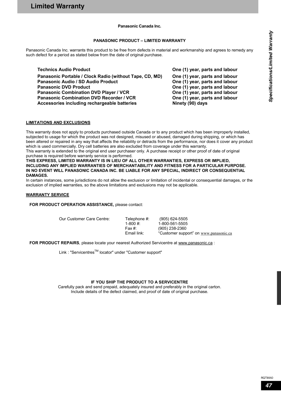 Panasonic DMR-ES16 warranty Specifications/Limited Warranty 