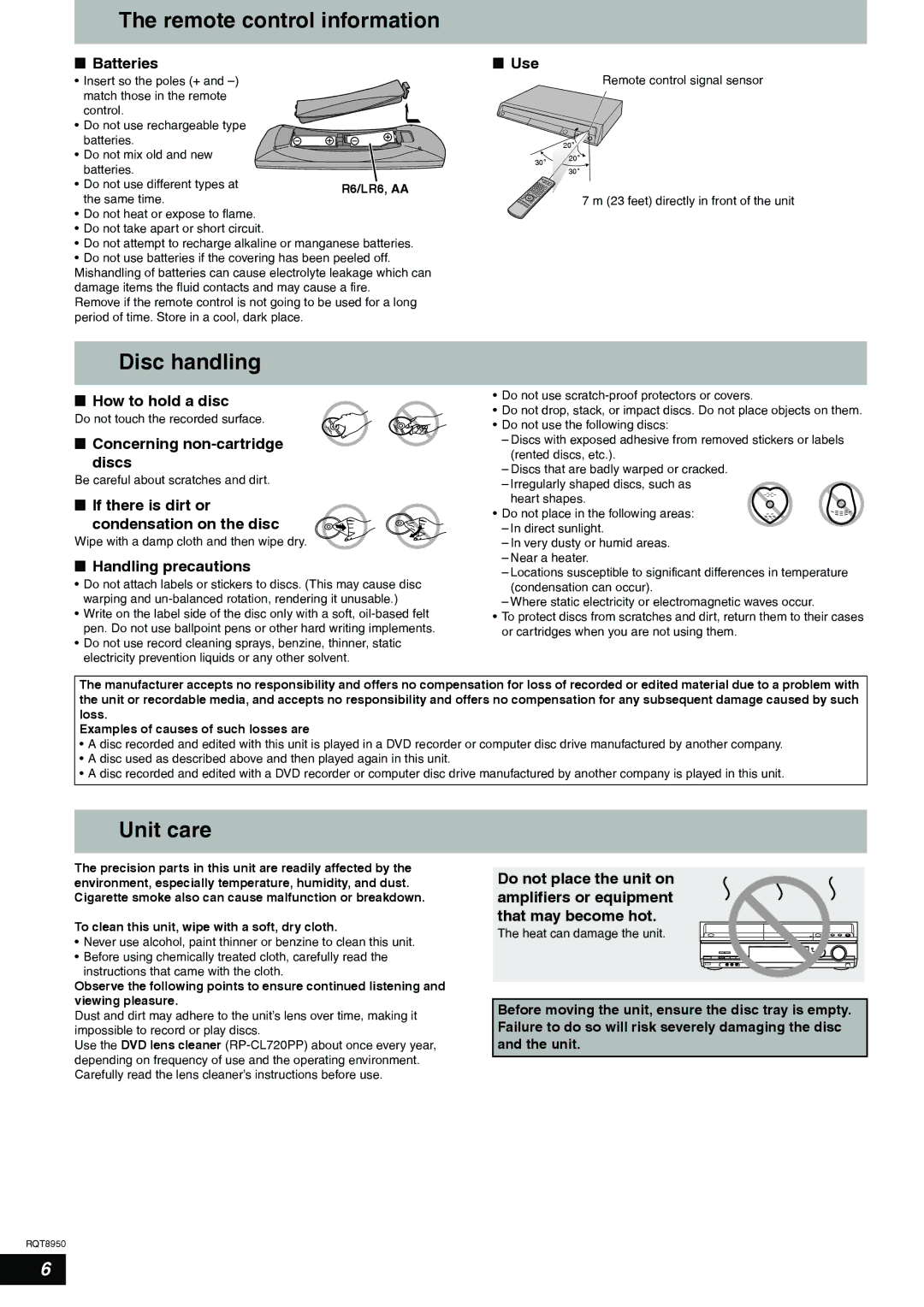 Panasonic DMR-ES16 warranty Remote control information, Disc handling, Unit care 