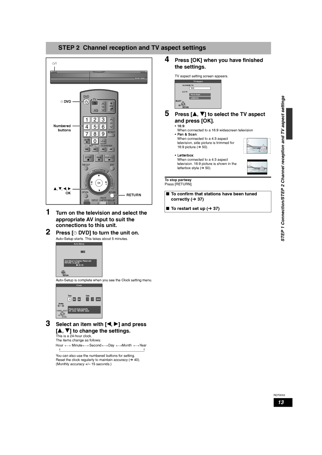 Panasonic DMR-ES18 Channel reception and TV aspect settings, Press e, r to select the TV aspect and press OK, Return 