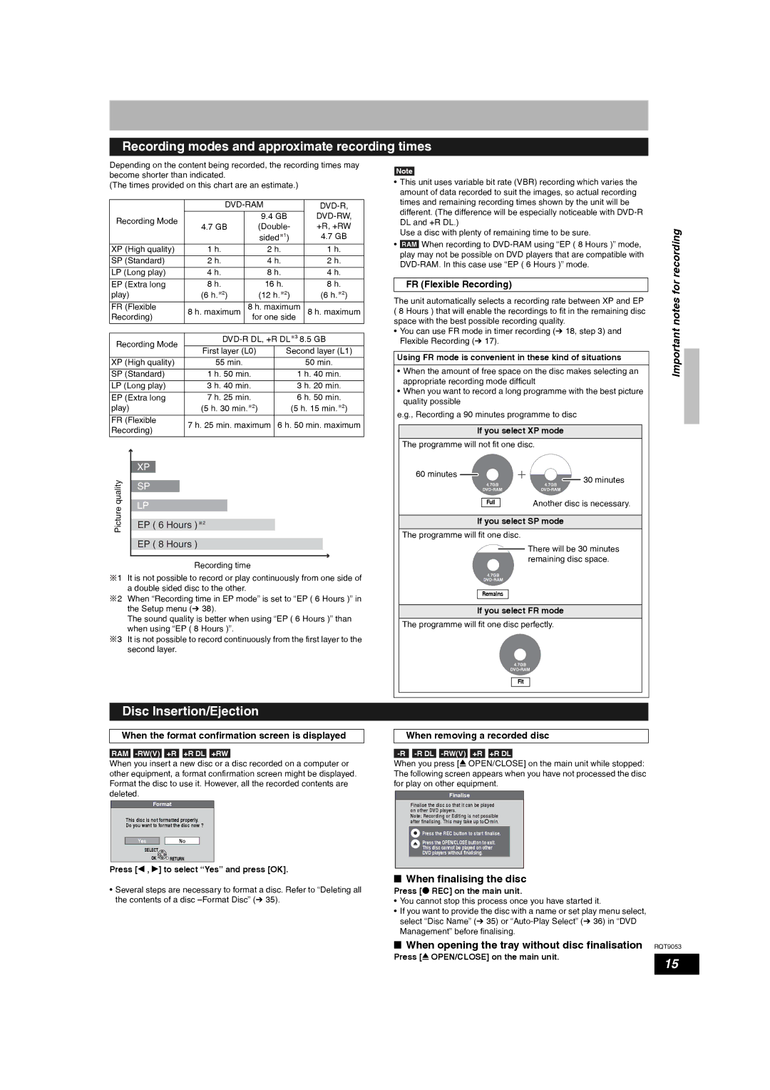 Panasonic DMR-ES18 Recording modes and approximate recording times, Disc Insertion/Ejection, Important notes for recording 