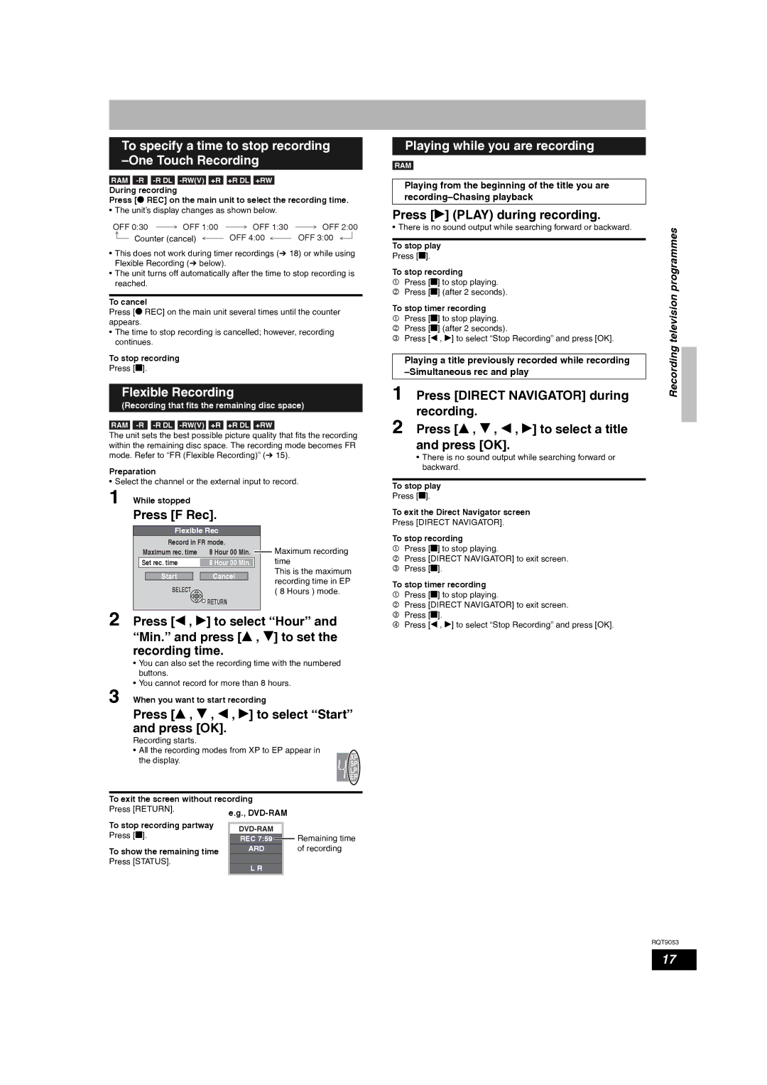 Panasonic DMR-ES18 operating instructions To specify a time to stop recording -One Touch Recording, Flexible Recording 