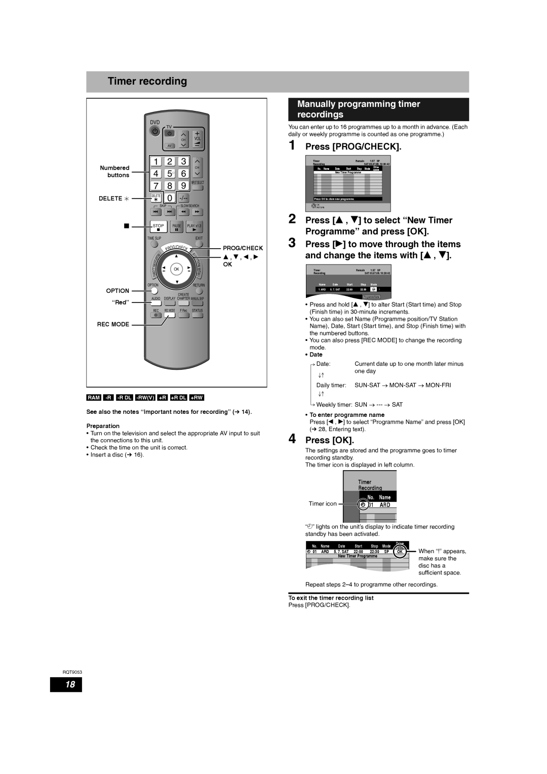 Panasonic DMR-ES18 operating instructions Timer recording, Manually programming timer recordings 