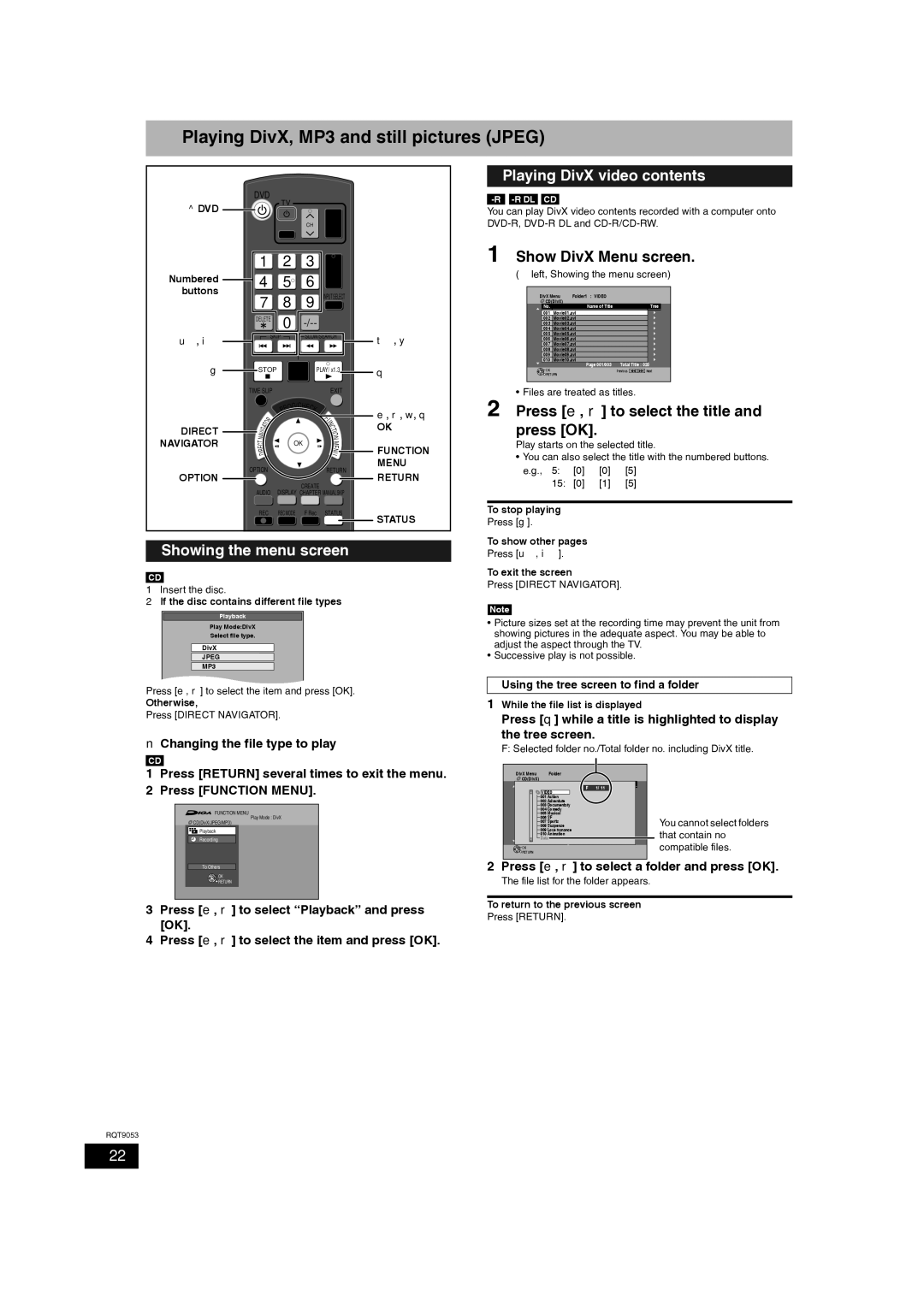 Panasonic DMR-ES18 Playing DivX, MP3 and still pictures Jpeg, Showing the menu screen, Playing DivX video contents 