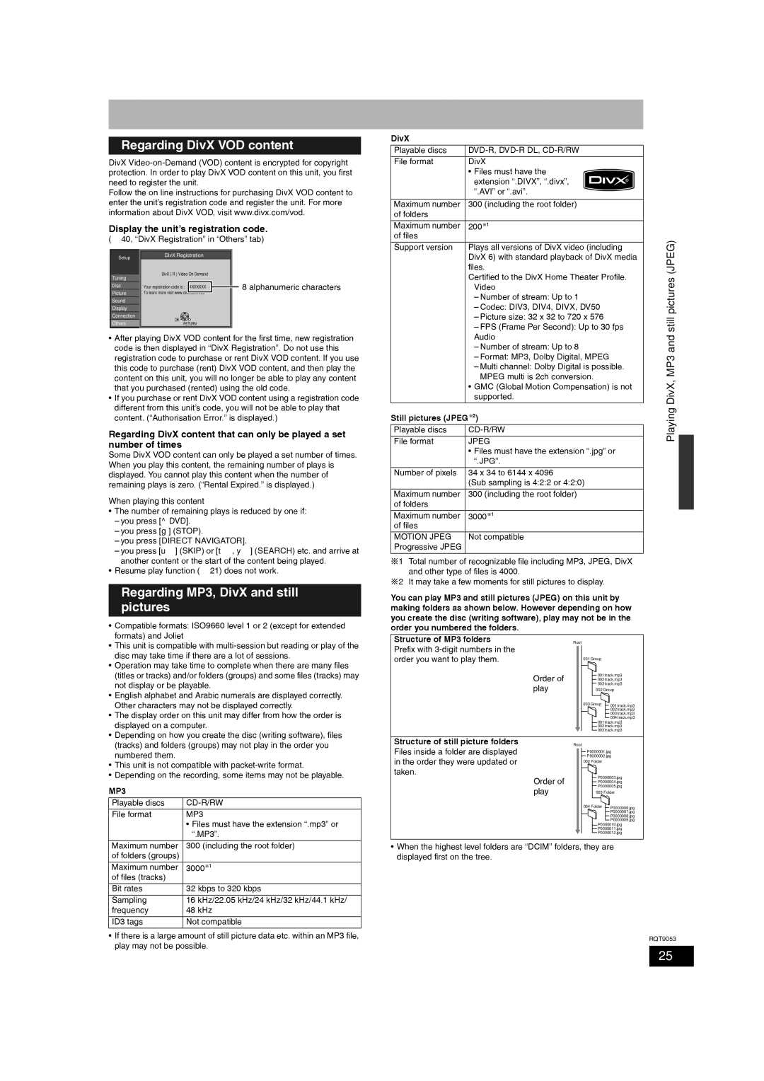 Panasonic DMR-ES18 operating instructions Regarding DivX VOD content, Regarding MP3, DivX and still pictures 