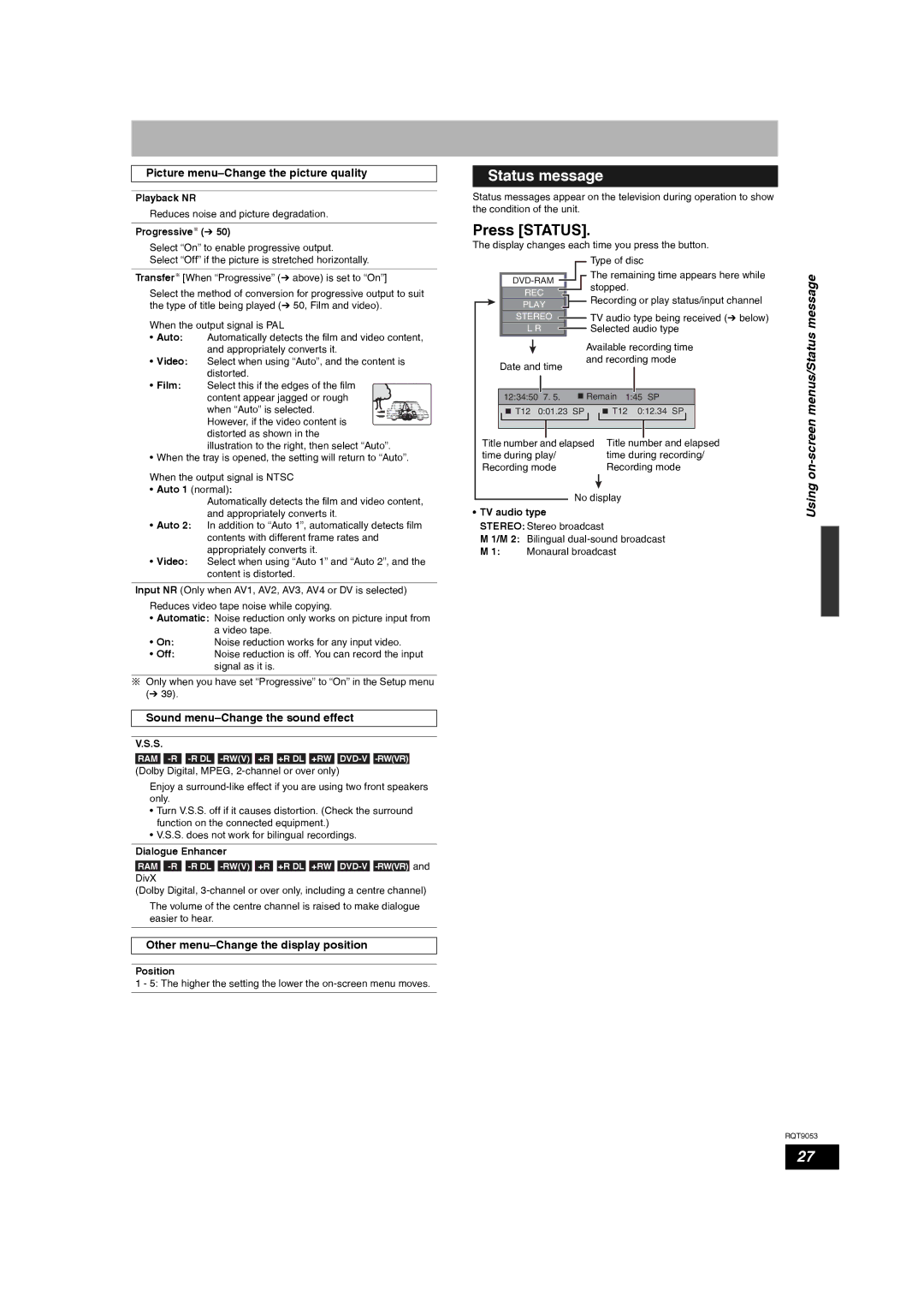 Panasonic DMR-ES18 operating instructions Status message, Press Status, Screen 