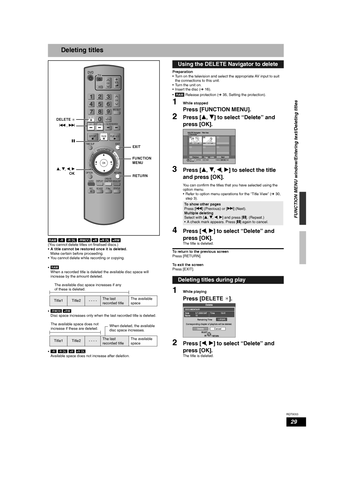 Panasonic DMR-ES18 operating instructions Using the Delete Navigator to delete, Deleting titles during play 