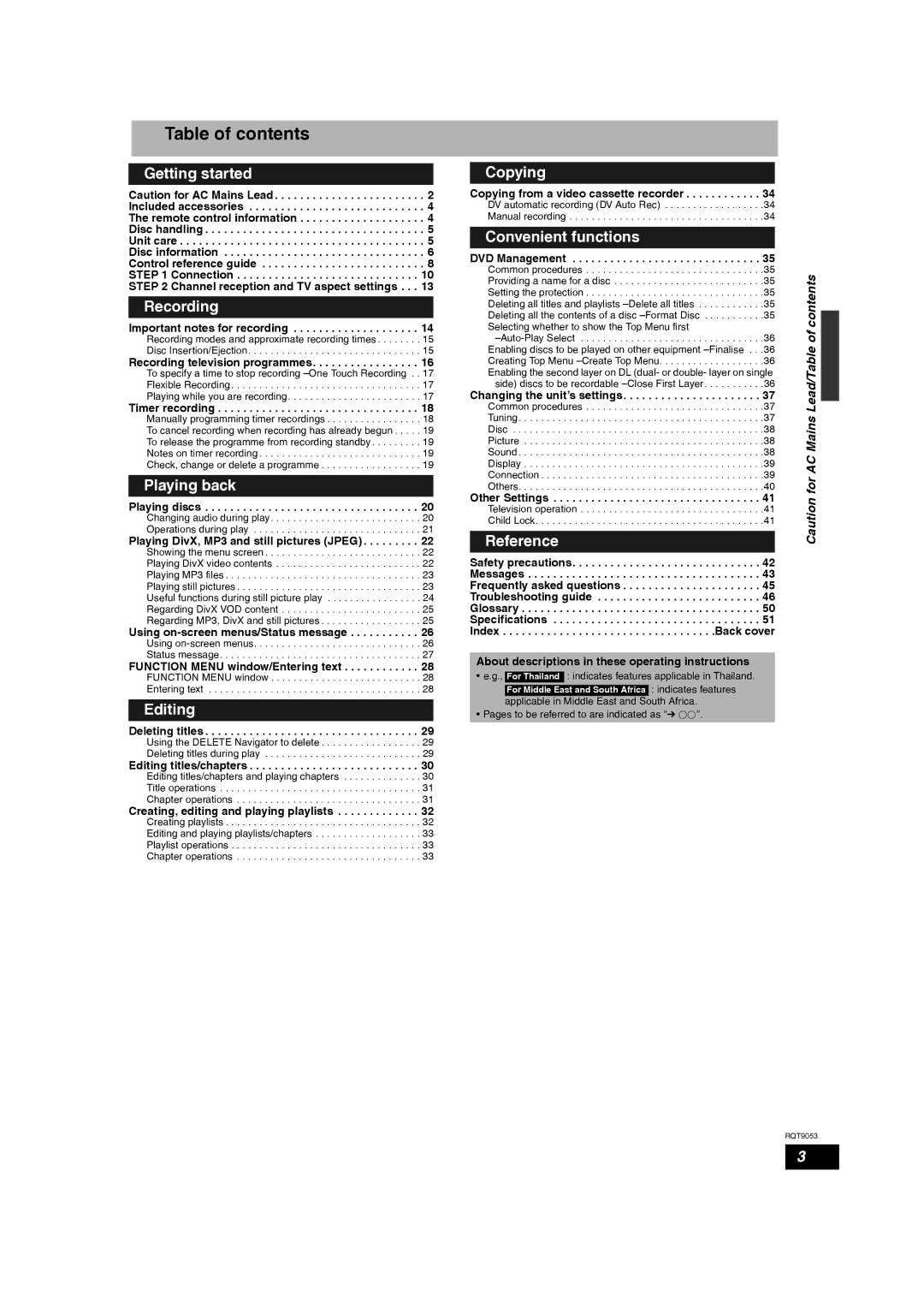 Panasonic DMR-ES18 operating instructions Table of contents 