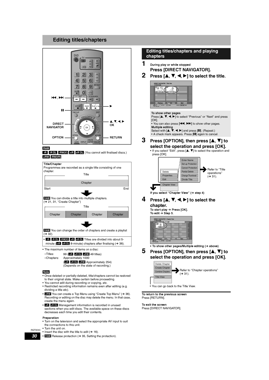 Panasonic DMR-ES18 Editing titles/chapters, Press e, r, w, q to select the chapter, Press OPTION, then press e, r to 