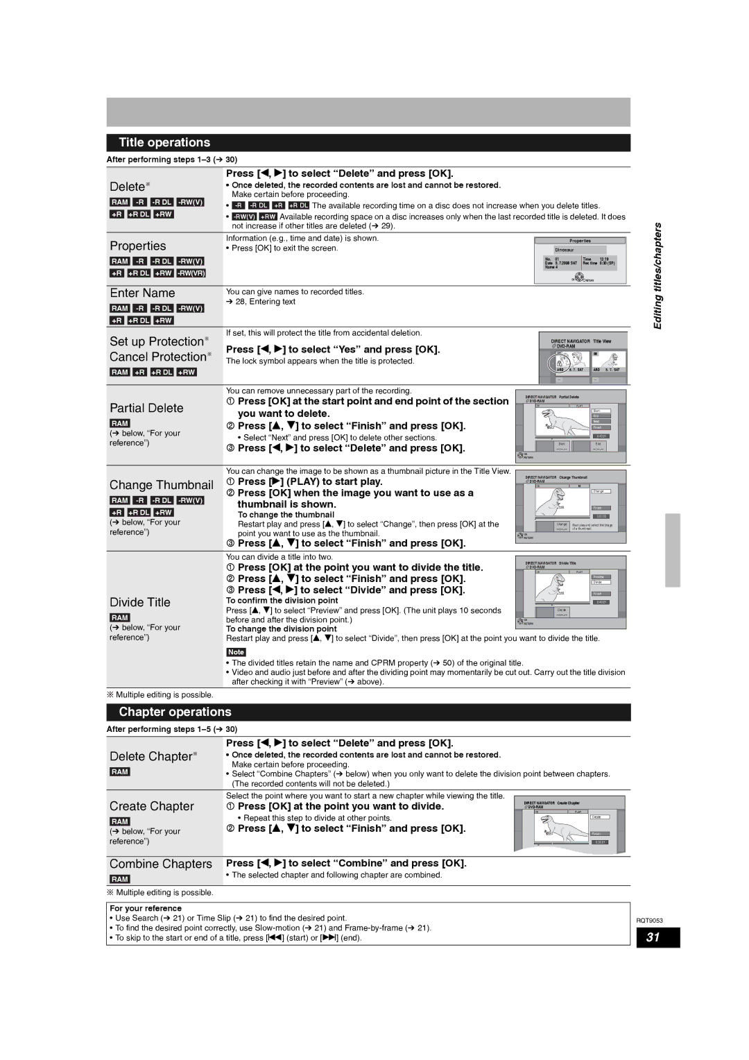 Panasonic DMR-ES18 operating instructions Title operations, Delete, Properties, Enter Name, Chapter operations 