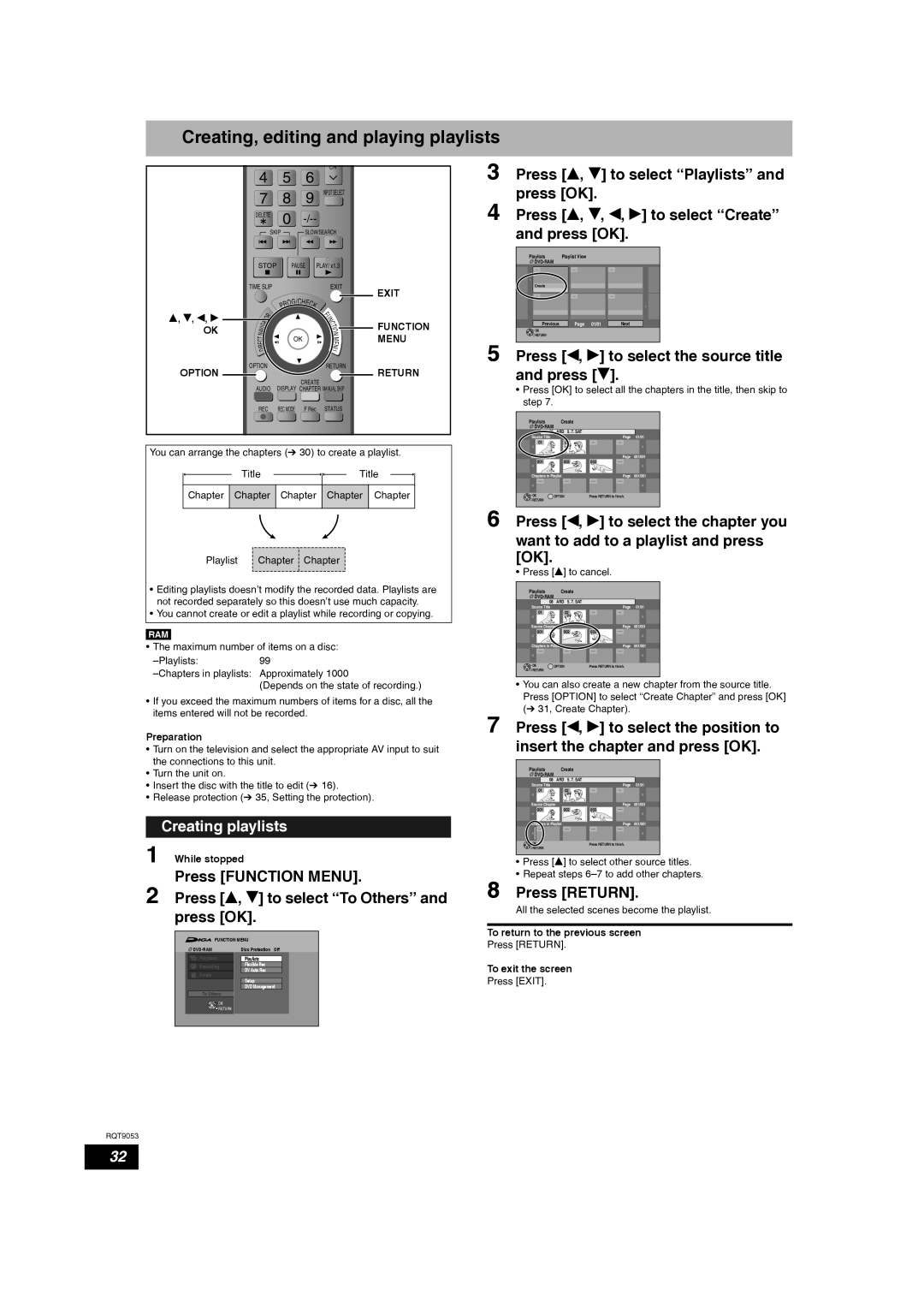 Panasonic DMR-ES18 Creating, editing and playing playlists, Press w, q to select the source title and press r 