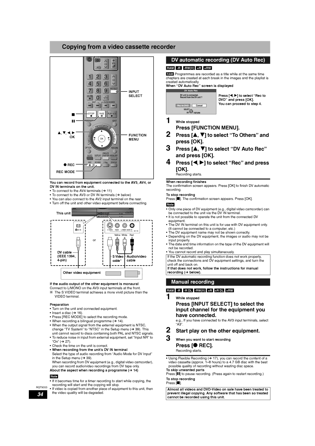 Panasonic DMR-ES18 Copying from a video cassette recorder, DV automatic recording DV Auto Rec, Manual recording 