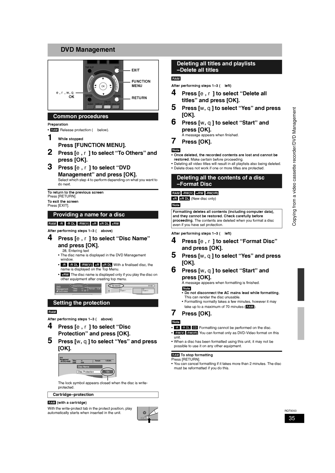 Panasonic DMR-ES18 DVD Management, Common procedures, Providing a name for a disc, Setting the protection 