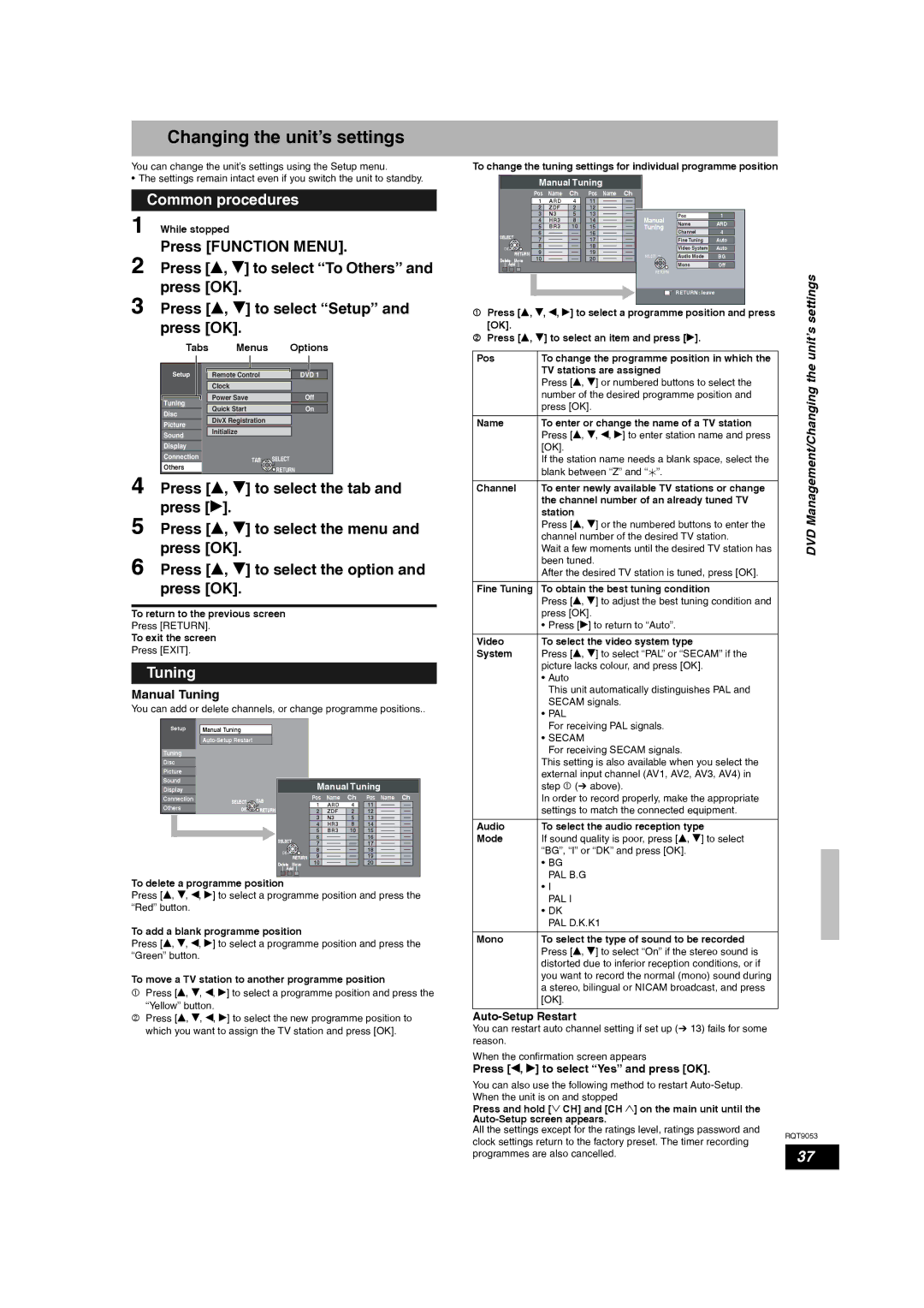 Panasonic DMR-ES18 operating instructions Changing the unit’s settings, Press e, r to select the tab, Manual Tuning 