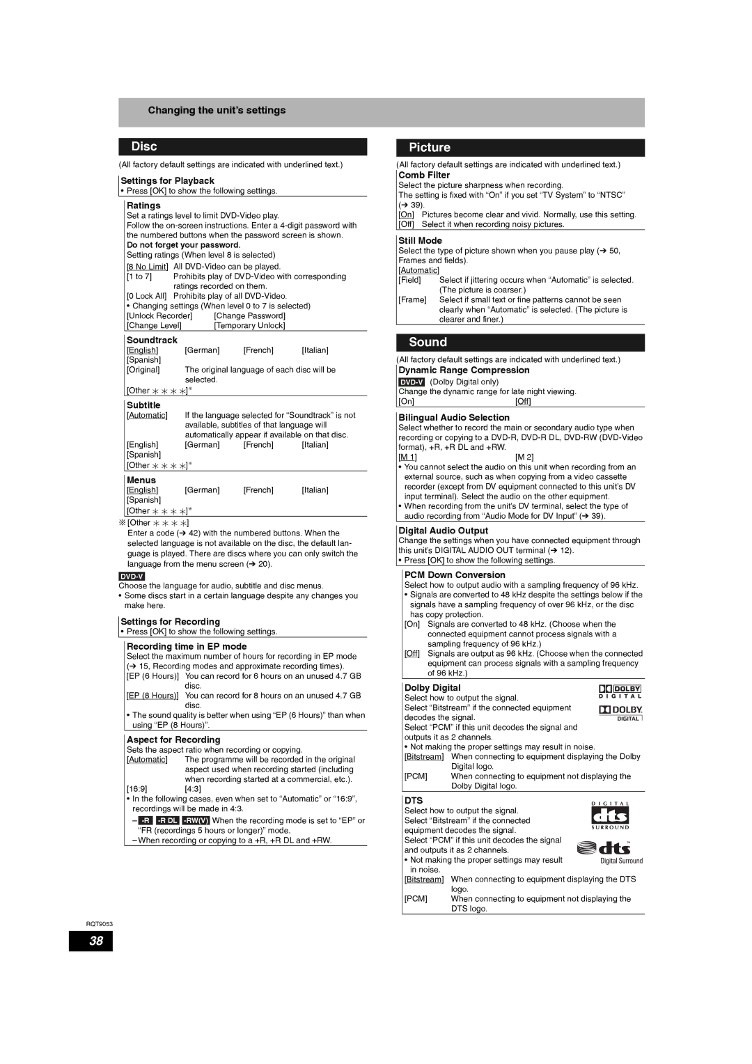 Panasonic DMR-ES18 operating instructions Disc, Picture, Sound, Changing the unit’s settings 