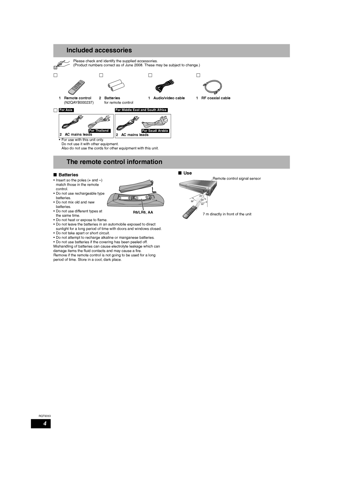 Panasonic DMR-ES18 operating instructions Included accessories, Remote control information, Batteries, Use, AC mains leads 