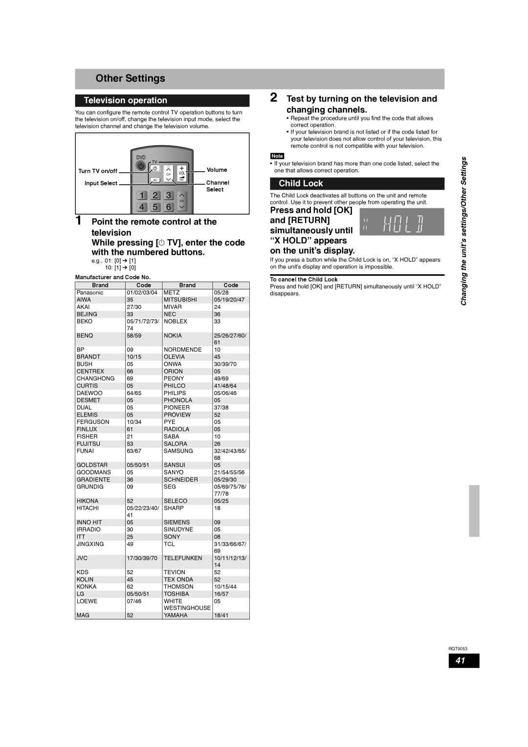 Panasonic DMR-ES18 operating instructions Other Settings, Television operation, Child Lock 