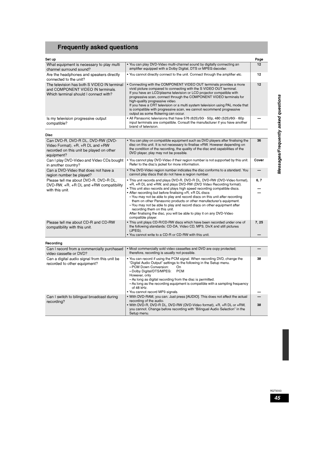 Panasonic DMR-ES18 operating instructions Frequently asked questions, Asked, Set up 