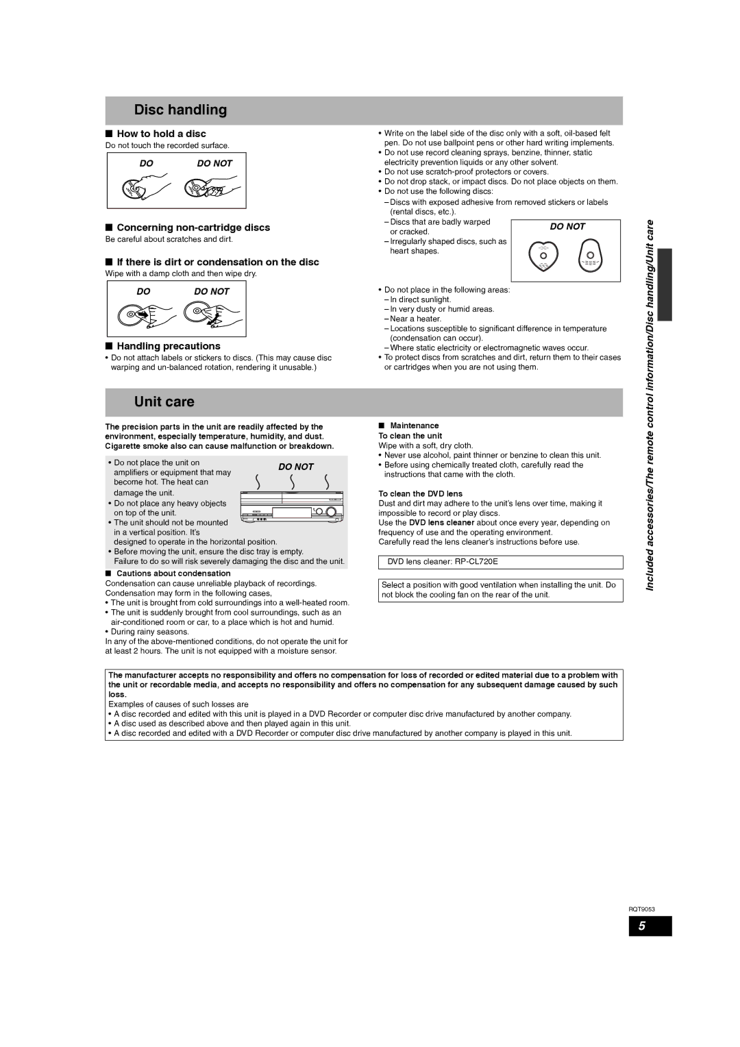 Panasonic DMR-ES18 operating instructions Disc handling, Unit care 