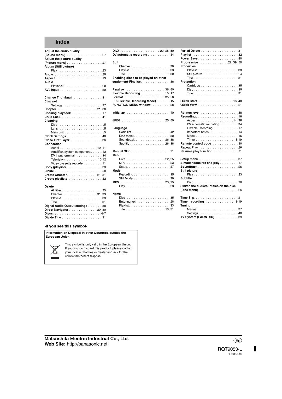 Panasonic DMR-ES18 operating instructions Index, If you see this symbol 