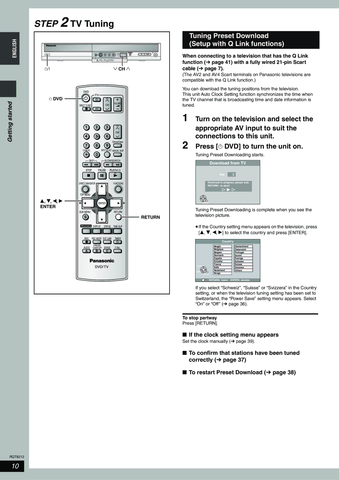 Panasonic DMR-ES20 Tuning Preset Download Setup with Q Link functions, If the clock setting menu appears, Enter, Return 