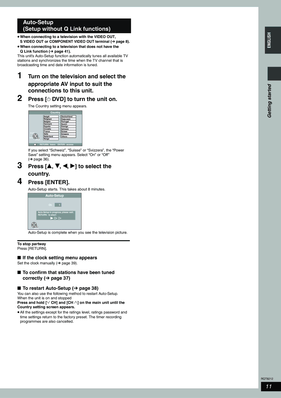 Panasonic DMR-ES20 Auto-Setup Setup without Q Link functions, Press e, r, w, q to select the country Press Enter 