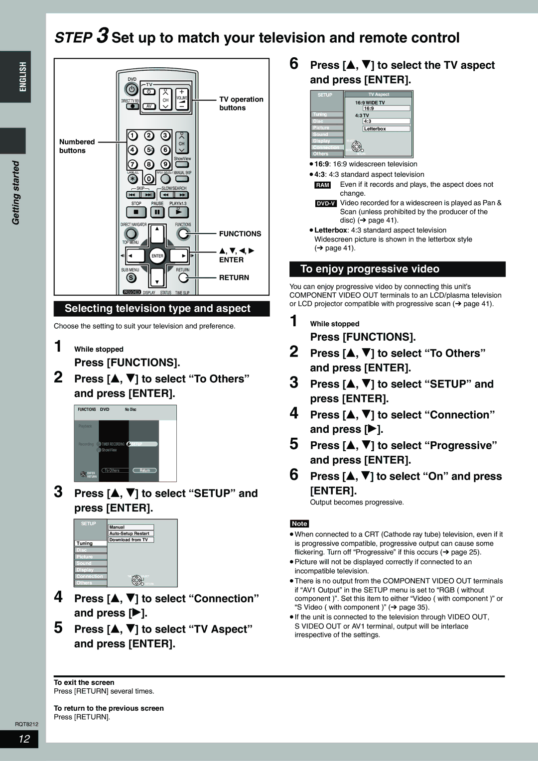 Panasonic DMR-ES20 Selecting television type and aspect, Press e, r to select Setup and press Enter, Functions 