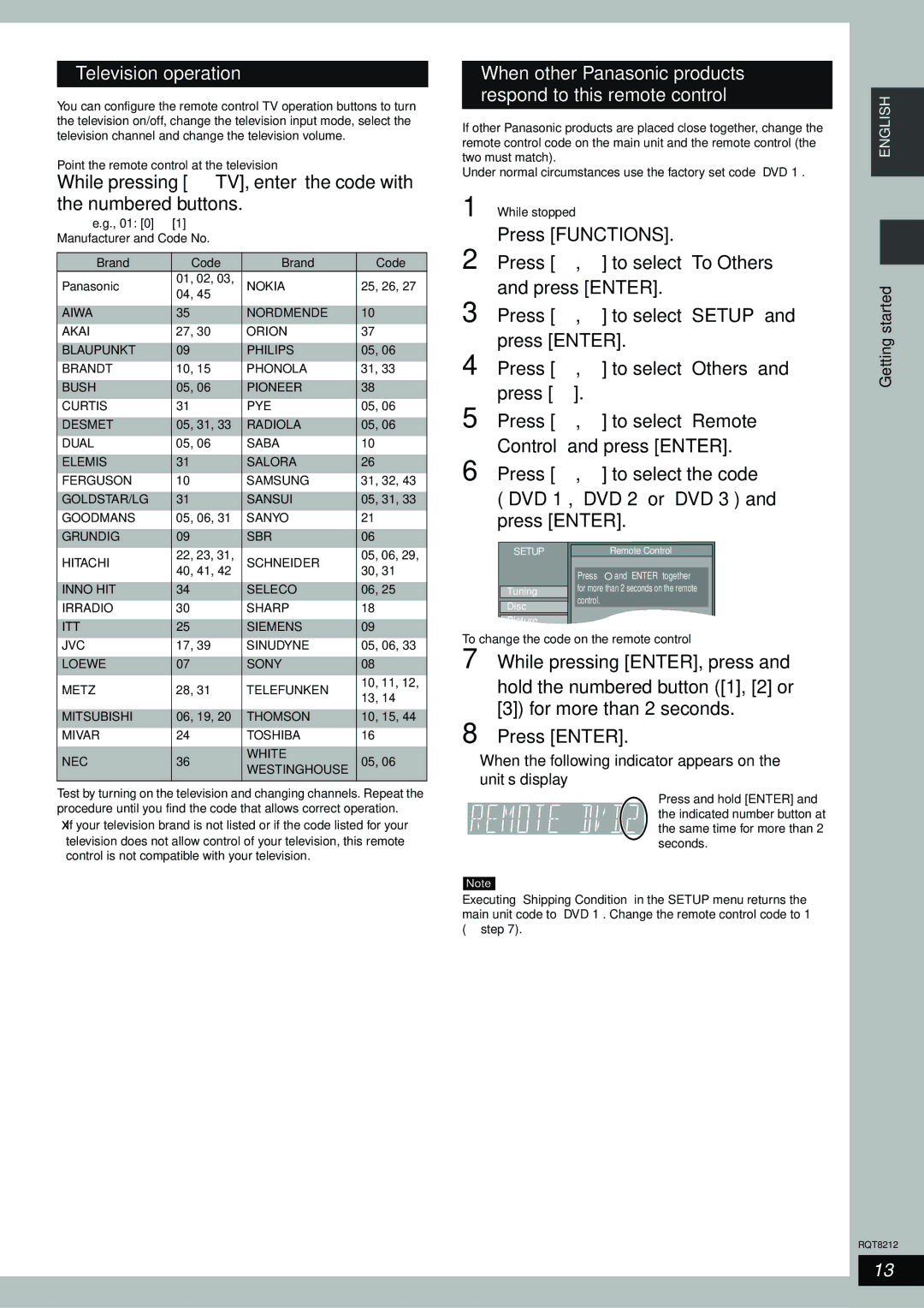 Panasonic DMR-ES20 operating instructions Television operation, While pressing TV, enter the code with the numbered buttons 