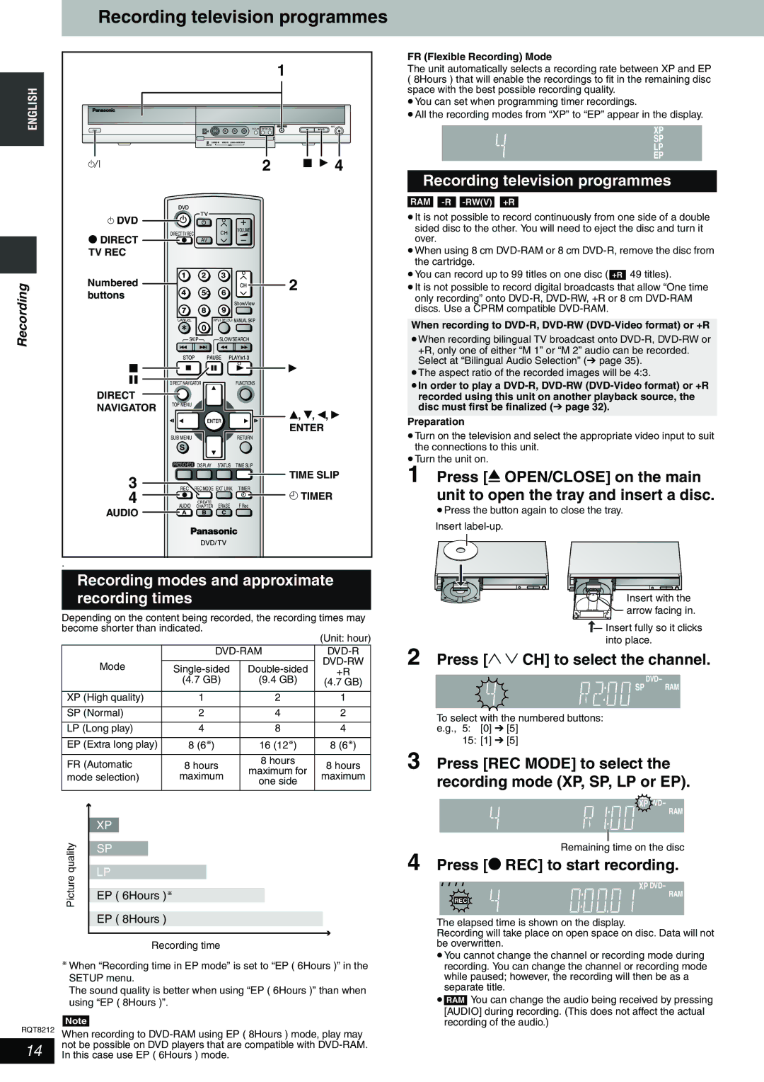 Panasonic DMR-ES20 operating instructions Recording television programmes, Recording modes and approximate recording times 