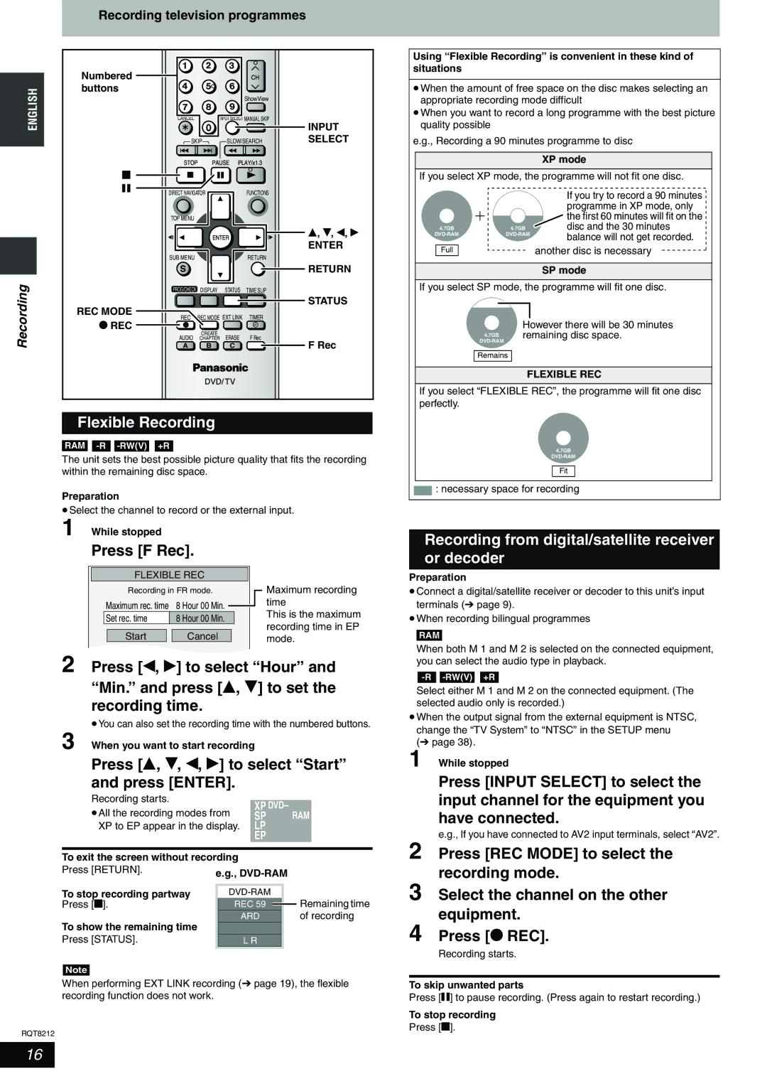 Panasonic DMR-ES20 operating instructions Flexible Recording, Press F Rec, Press e, r, w, q to select Start and press Enter 