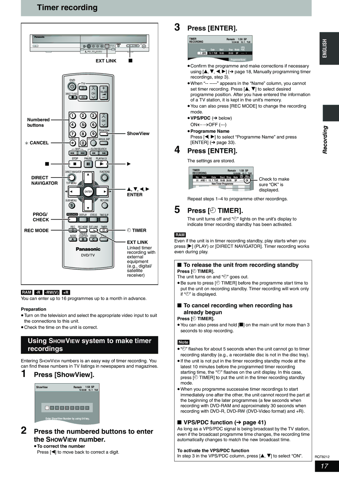 Panasonic DMR-ES20 Timer recording, Using Showview system to make timer recordings, Press ShowView, Press z Timer 