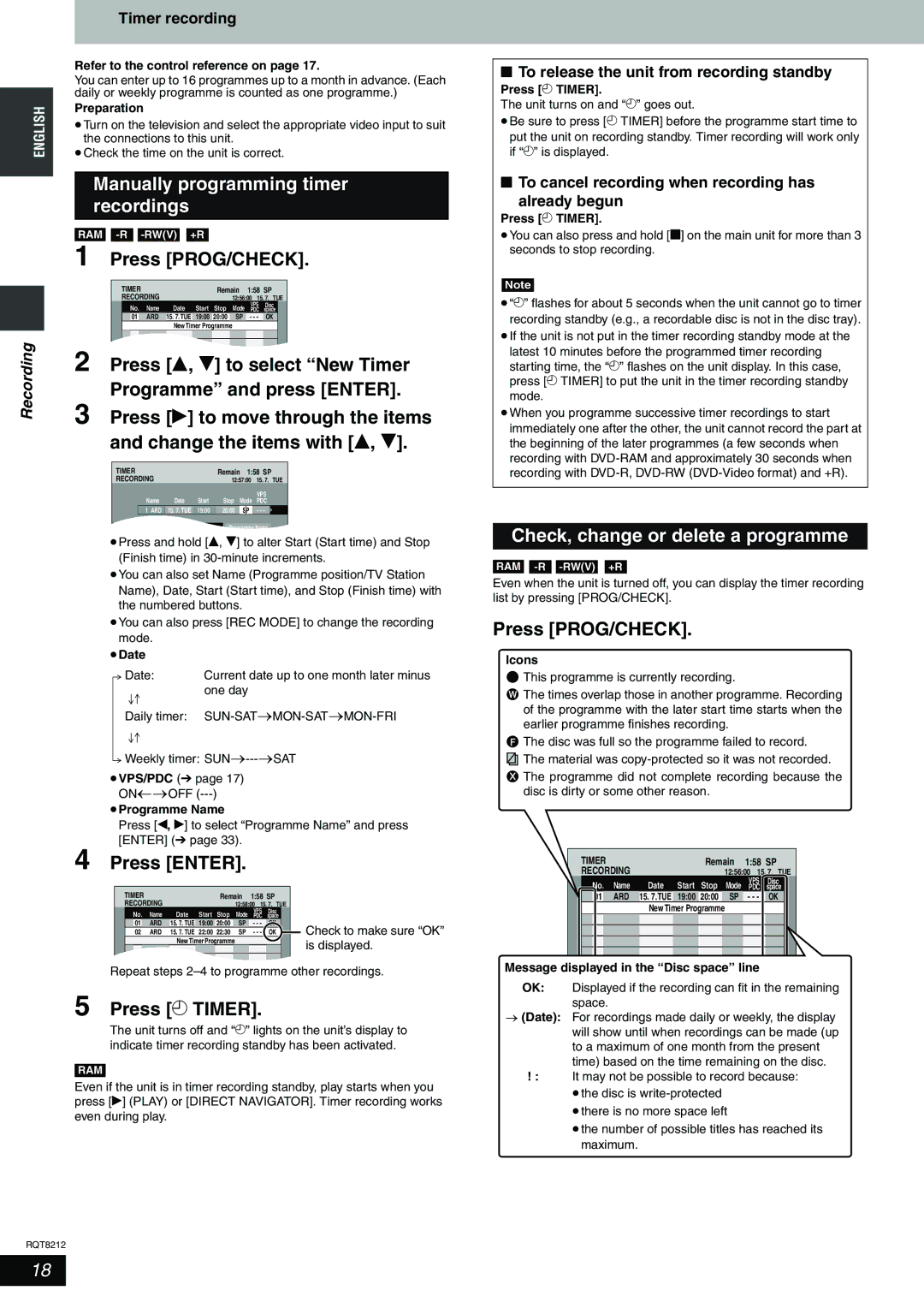 Panasonic DMR-ES20 operating instructions Check, change or delete a programme 