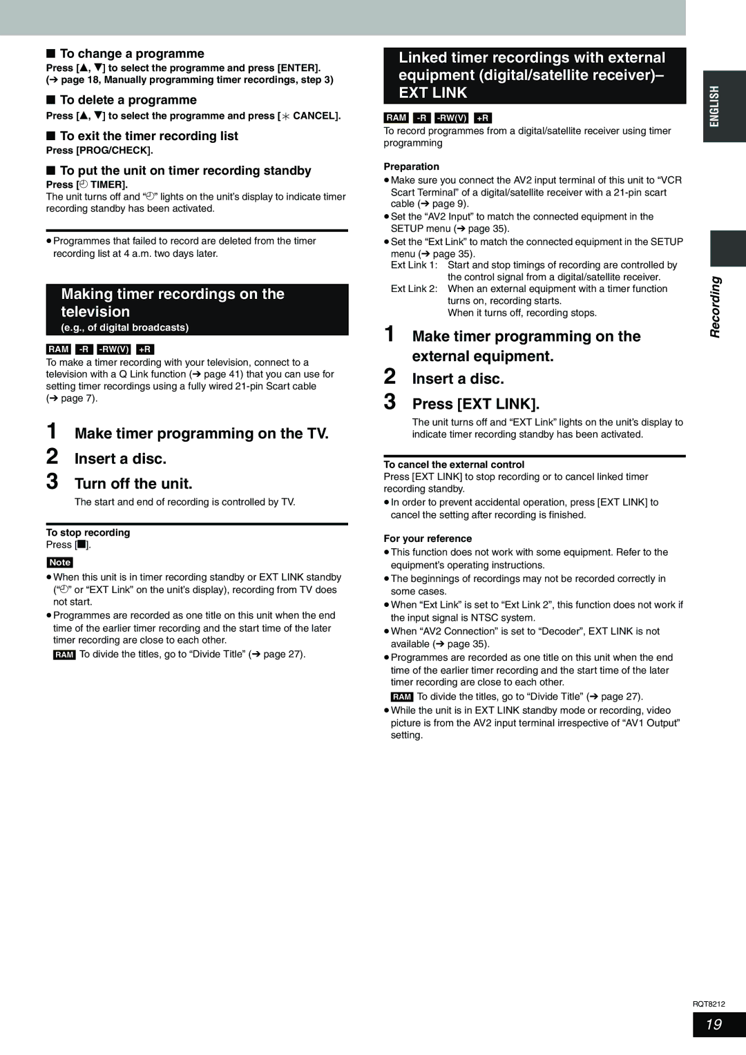 Panasonic DMR-ES20 Making timer recordings on the television, To change a programme, To delete a programme 