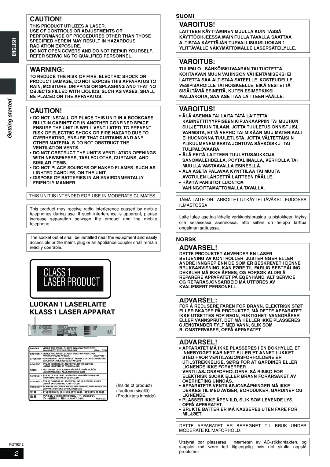 Panasonic DMR-ES20 operating instructions Started, Inside of product Tuotteen sisällä Produktets innside 