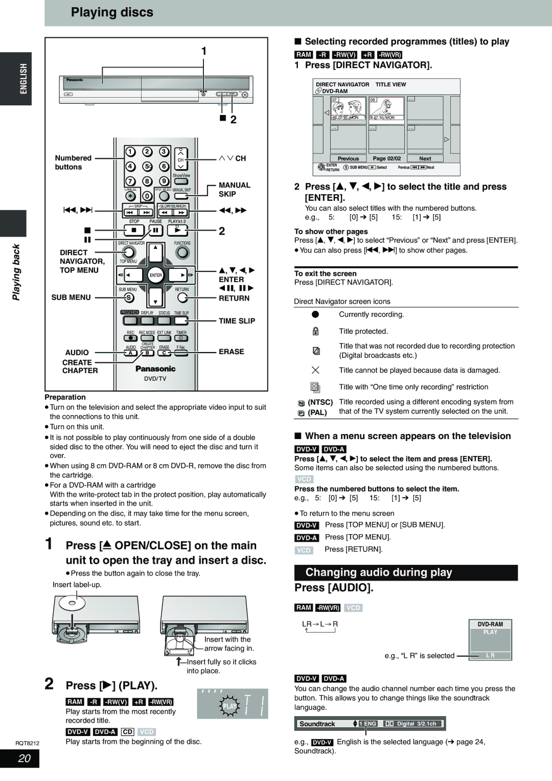 Panasonic DMR-ES20 operating instructions Playing discs, Press q Play, Changing audio during play, Press Audio, Back 