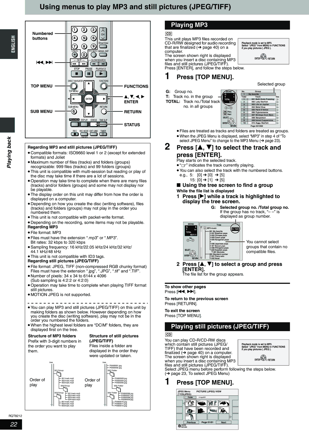 Panasonic DMR-ES20 operating instructions Using menus to play MP3 and still pictures JPEG/TIFF, Playing MP3, Press TOP Menu 