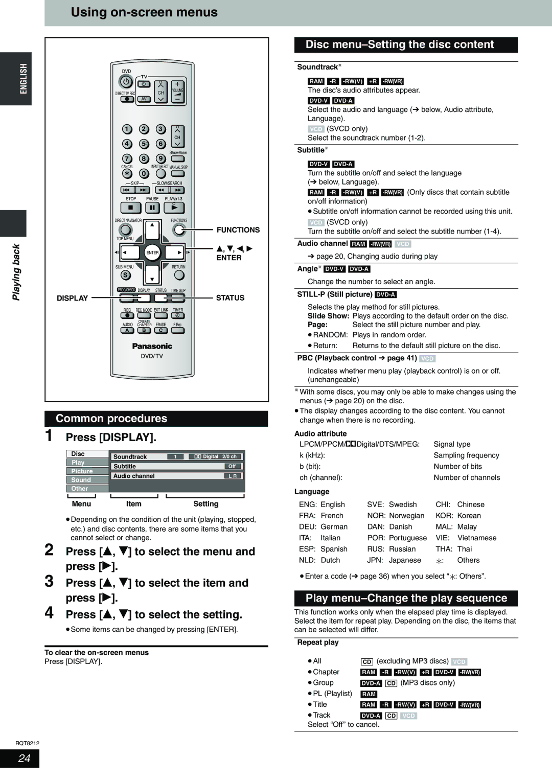 Panasonic DMR-ES20 Using on-screen menus, Common procedures, Press Display, Disc menu-Setting the disc content 