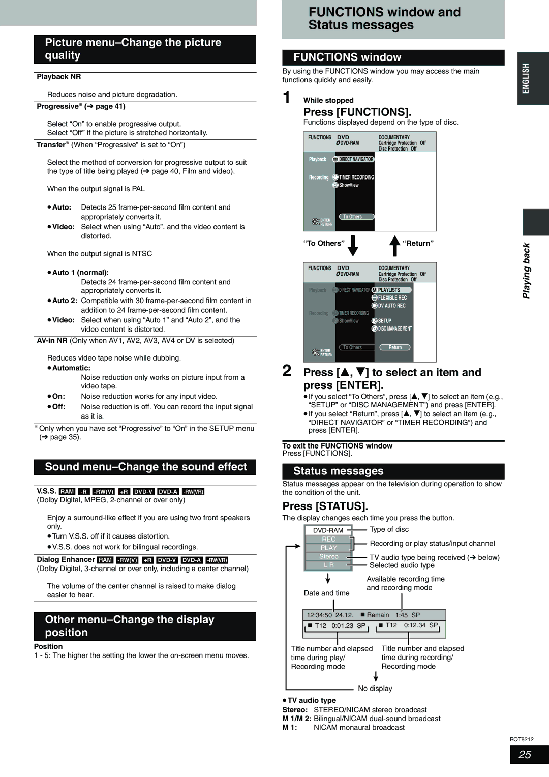 Panasonic DMR-ES20 operating instructions Functions window Status messages 