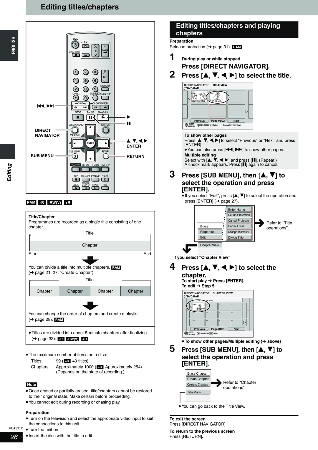 Panasonic DMR-ES20 operating instructions Editing titles/chapters and playing chapters, Press Direct Navigator 