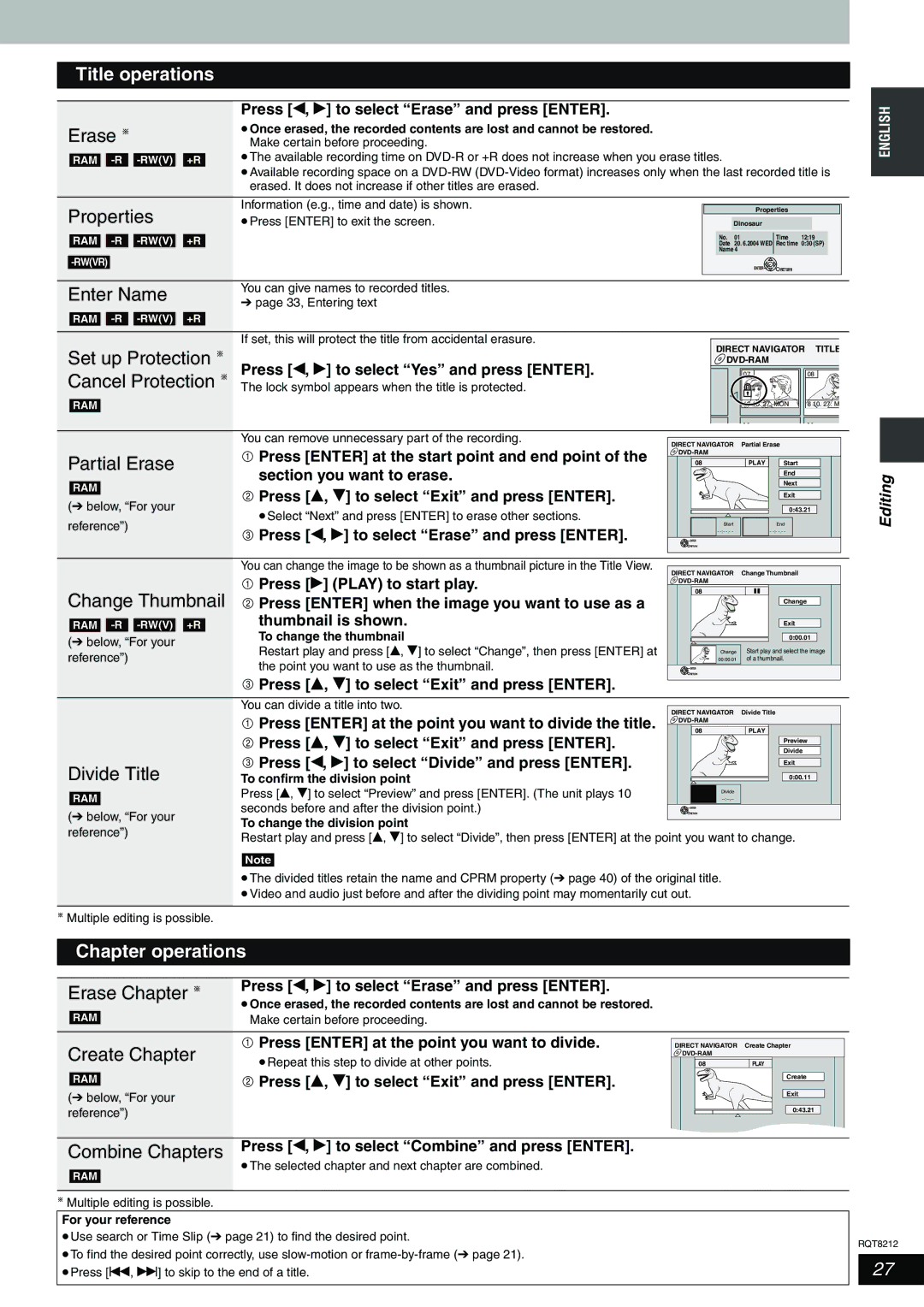 Panasonic DMR-ES20 Title operations, Chapter operations, Erase Chapter, Create Chapter, Combine Chapters 