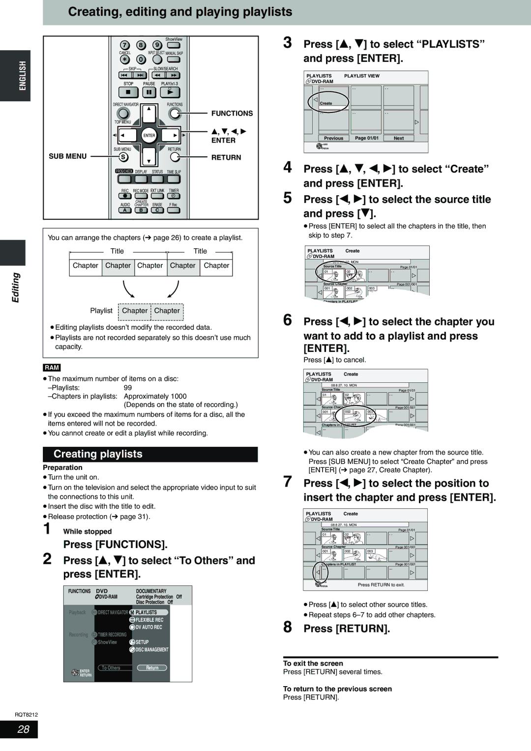 Panasonic DMR-ES20 Creating, editing and playing playlists, Creating playlists, Press Return, Editing 