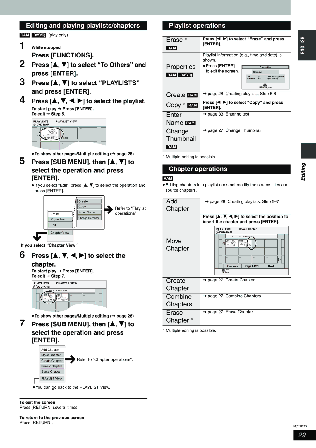 Panasonic DMR-ES20 Editing and playing playlists/chapters, Playlist operations, To show other pages/Multiple editing 