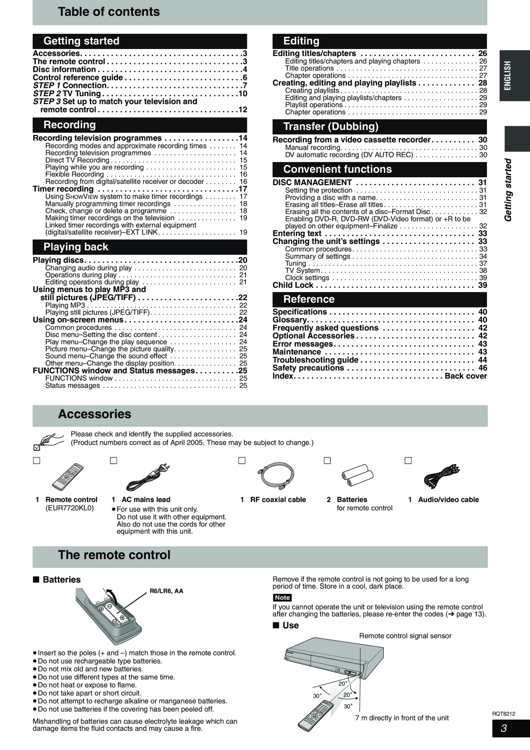 Panasonic DMR-ES20 operating instructions Table of contents, Accessories, Remote control 